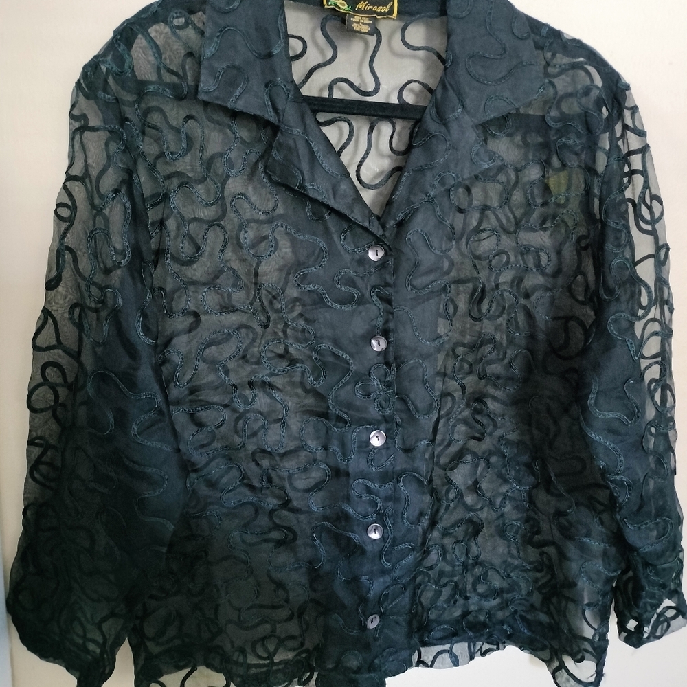 Mirasol Black Sheer Silk Textured Button Blouse L Party Holiday See Description